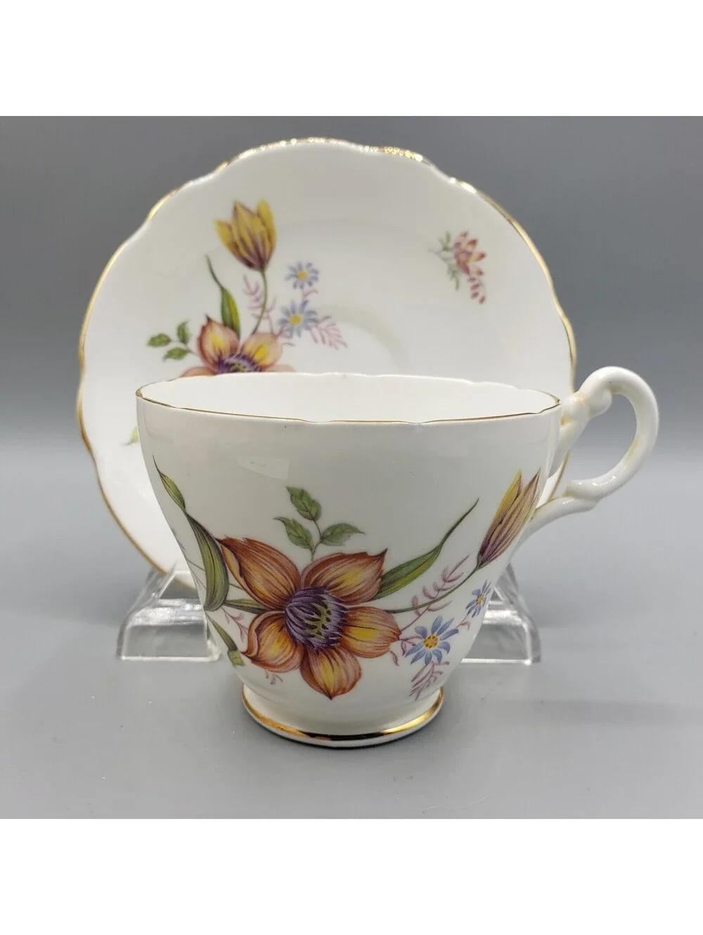 VTG Royal Ascot Teacup & Saucer Orange Purple Flower Bone China England Gold